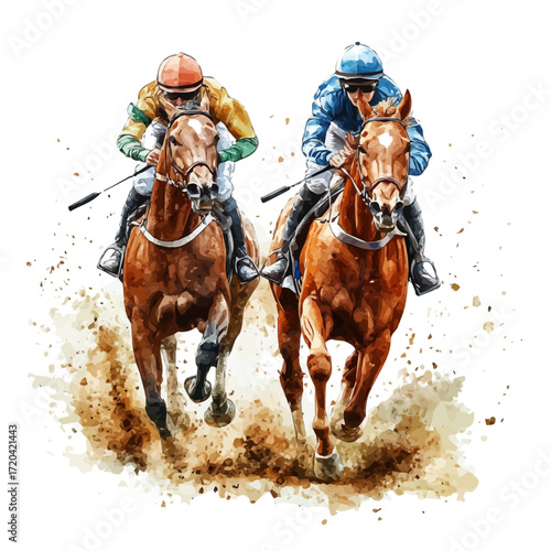 Mongolian Horse Racing, watercolor illustration vector, isolated on a white background.