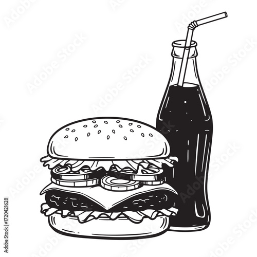 Black and white illustration of a classic hamburger and cola bottle for food designs