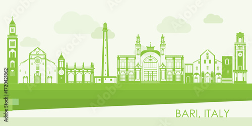 Green Skyline panorama of city of Bari, Italy - vector illustration