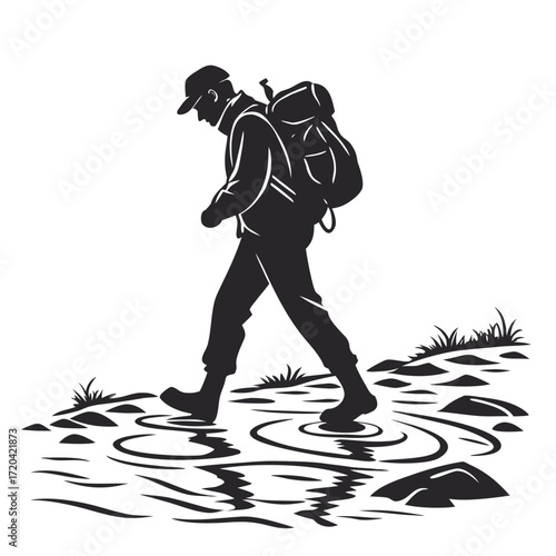 Hiker wading through stream silhouette