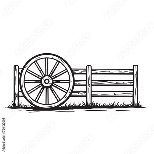 Black and white illustration of a wagon wheel leaning against a wooden fence
