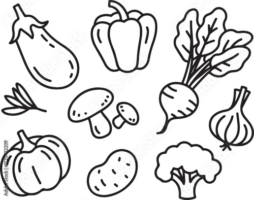 Vegetable Icons Set Featuring Eggplant, Pepper, Beet, Mushroom, Garlic, Potato, and Broccoli Vector