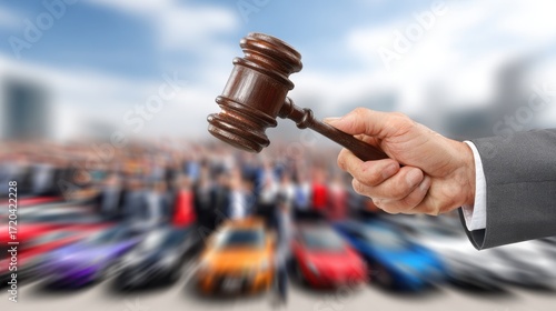 Closeup of auctioneers hand striking gavel sharply in fastpaced used car auction blurred crowd and cars in background emphasizing lively bidding atmosphere.