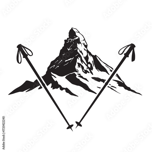 Black and white illustration of mountain peak and ski poles for adventure designs