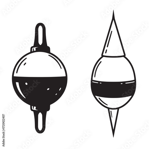 Black and white illustration of two fishing bobbers isolated on a white background