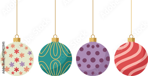 Four hanging christmas ornaments with different patterns on transparent background