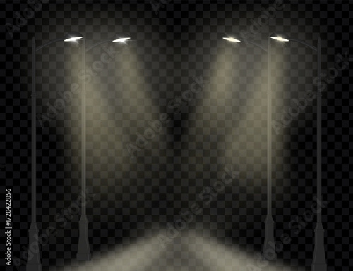 Street lamps, road and park lighting on a transparent background. Lighting for roads, highways, parks, paths, and sidewalks. Vector illustration.
