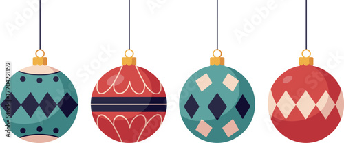 Four hanging christmas ornaments with geometric patterns on transparent background