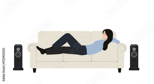 Woman lying on a couch between two speakers on transparent background