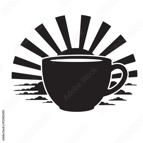 Black and white vector illustration of a coffee cup with rising sun and clouds