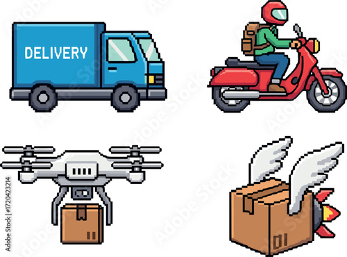 Pixel art delivery vehicles: truck, scooter, drone, and flying package on transparent background
