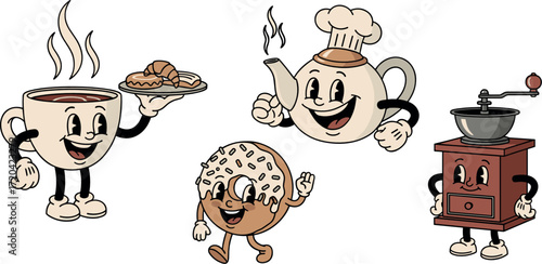Cartoon food and drink characters: coffee, teapot, donut, and coffee grinder on transparent background