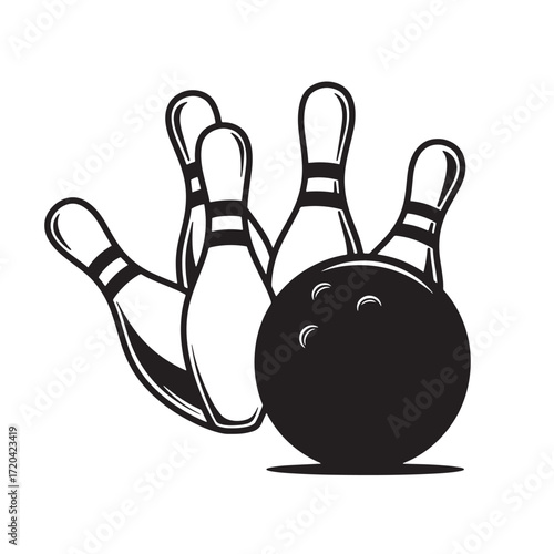 Classic black and white illustration of bowling pins and a bowling ball graphic