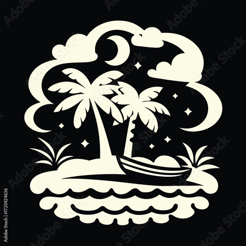 Monochromatic Island Getaway A Silhouette of Tropical Relaxation under the Moonlit Sky with a Boat and Palm Trees