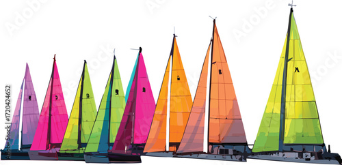Neon-colored sailing boats arranged in symmetry