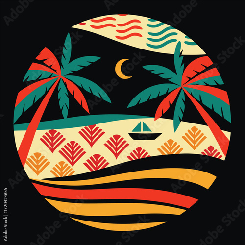 Tropical Getaway in Retro Style A Circular Vista of Palm Trees and Ocean Waves Underneath a Crescent Moon