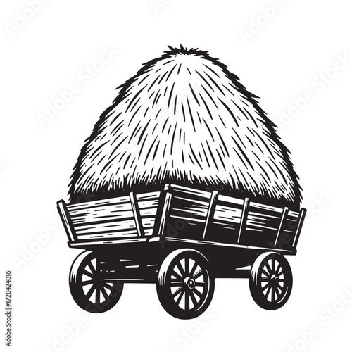 Hand drawn illustration of a hay bale loaded wagon in a vintage woodcut style