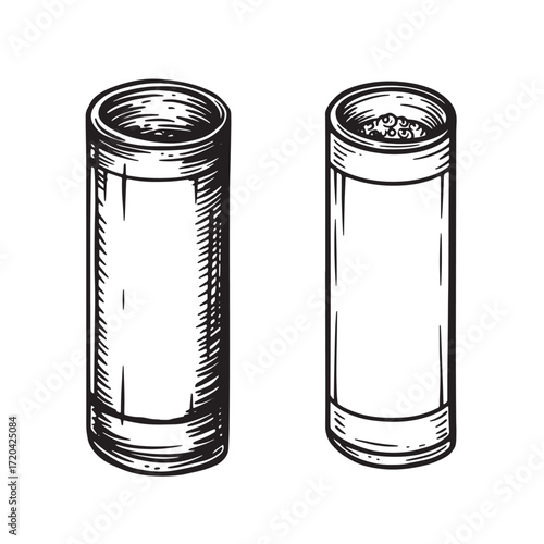 Hand drawn illustration of two empty glass cylinders with different contents in ink.