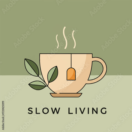 A beige cup of tea with a tea bag and steam next to leaves with text