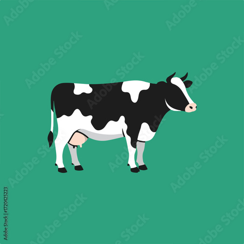 A black and white spotted cow with udder stands on a green background