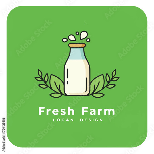 A cartoon milk bottle with splash and leaves with text Fresh Farm LOGAN DESIGN