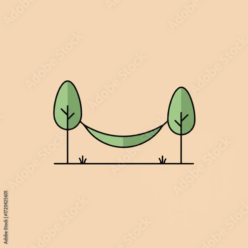 A hammock is strung between two stylized trees on a grassy ground