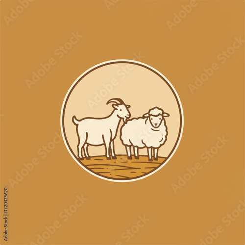 A goat and a sheep stand in a circular frame on a textured ground