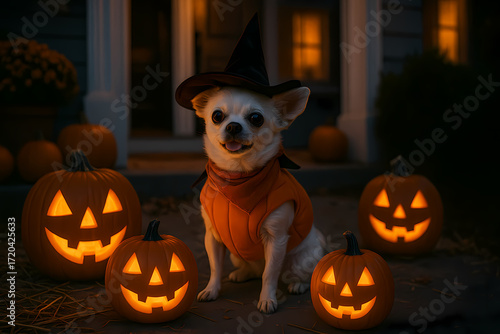 Charming dog in a witch hat sits among glowing pumpkins on a peaceful Halloween night Generative AI