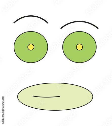 Abstract, Minimalist, Green, Face, Cartoon, Character, Expressionless, Simple, Design, Element, Icon, Symbol, Illustration, Graphic, Eyes, Eyebrows, Mouth, Oval, Circle, Yellow, Pupil, Line, Emotionle