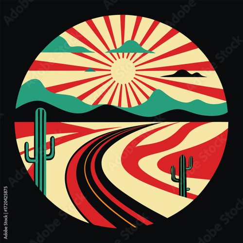 Retro Desert Landscape Circle with Cacti and Winding Road a Vintage Inspired Design Depicting a Southwestern Scene