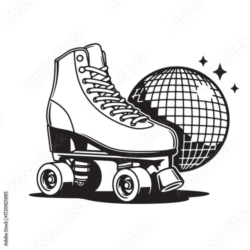 Retro roller skate and disco ball black and white illustration for skating and party themes