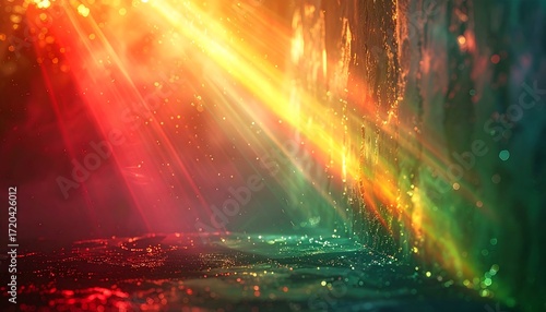 Abstract illustration featuring vibrant light rays cascading across a textured surface with shimmering particles