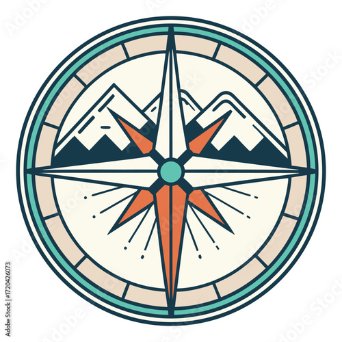 Stylized Compass Rose Emblem with Mountain Scene Modern Take on Classic Cartography Symbol a Minimalist Aesthetic for Adventure Seekers