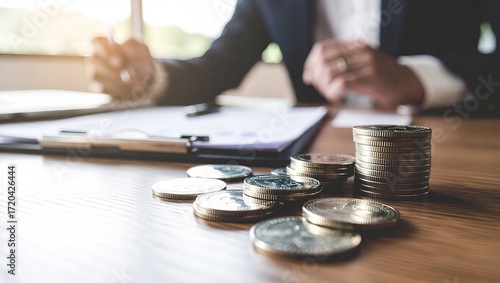 Stacks of Coins on a Wooden Desk, Business Person in the Backgro