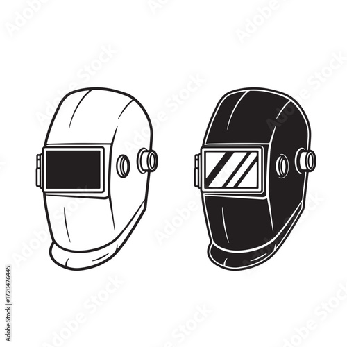 Simple line art illustration of two welding helmets for protective industrial workwear