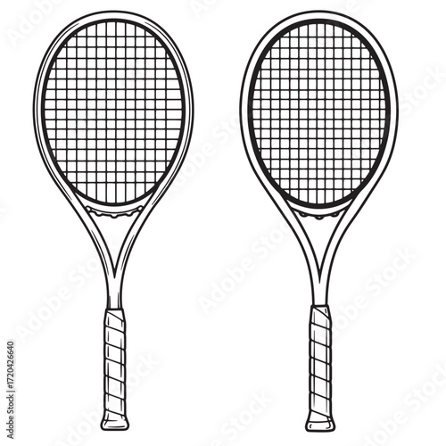 Two detailed black and white line art tennis rackets ready for sporting equipment and sports design
