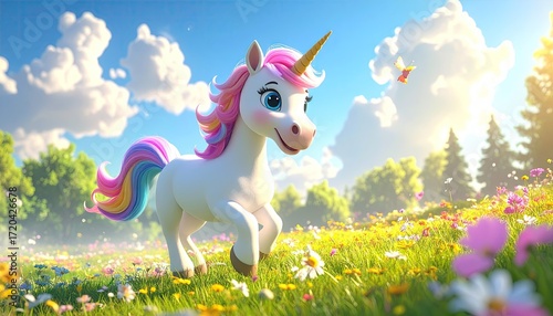 Fototapeta Naklejka Na Ścianę i Meble -  Rainbow Unicorn in a Sunny Meadow