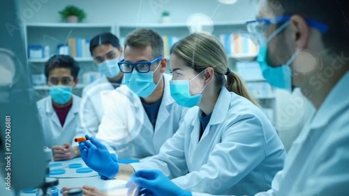 Team of microbiology scientists discussing about virus development in equipped laboratory using computer analysing test blood samples and develop vaccine, drugs and antibiotics against covid-19.