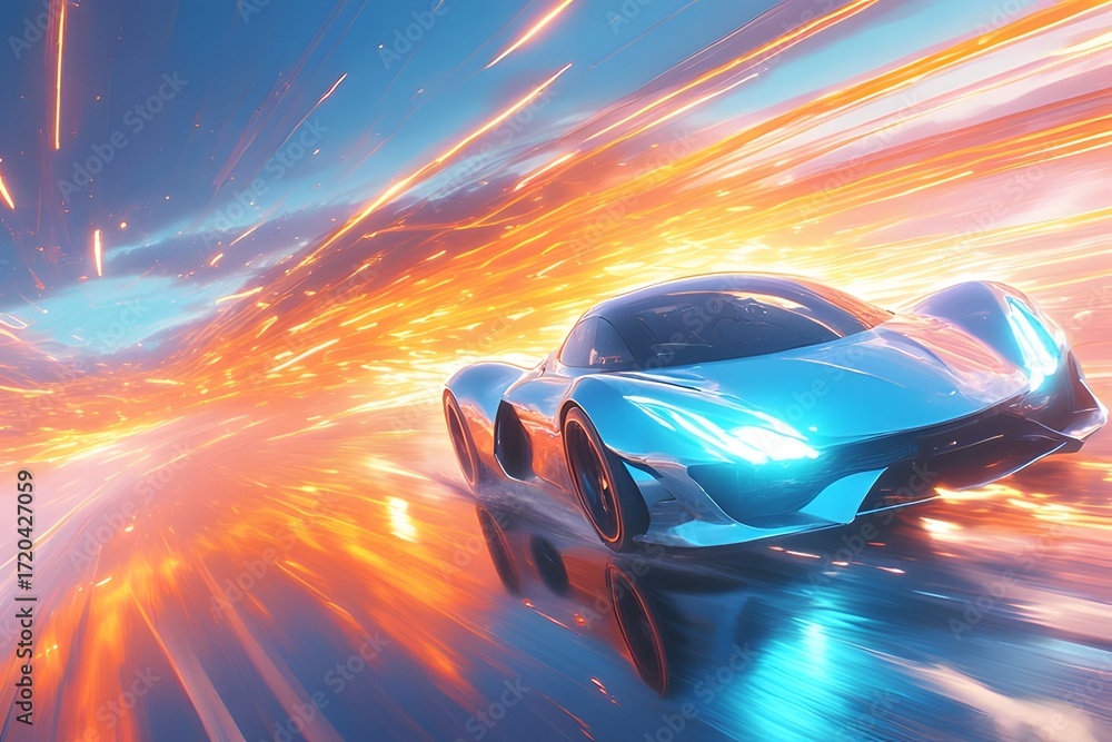Fototapeta premium Futuristic car on a road near the sky at high speed