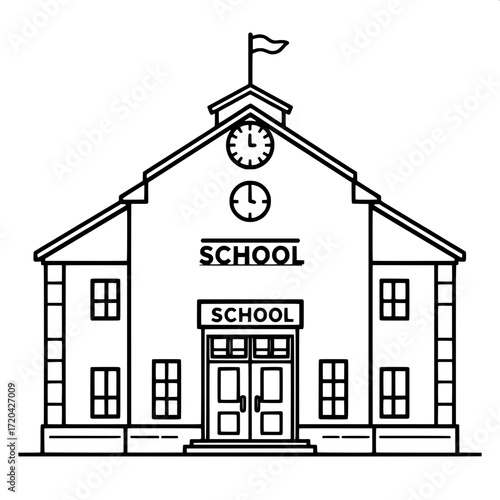 “Simplified front-facing black and white school building drawing, two stories, grid windows, central doors, bold ‘SCHOOL’ text, clock above entrance, symmetrical side wings, flag on rooftop, minimal v