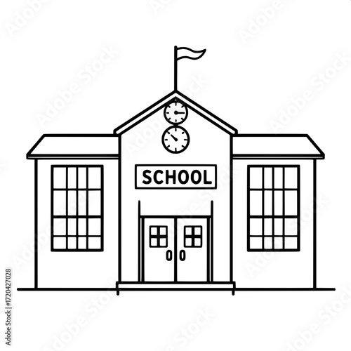 “Simplified front-facing black and white school building drawing, two stories, grid windows, central doors, bold ‘SCHOOL’ text, clock above entrance, symmetrical side wings, flag on rooftop, minimal v