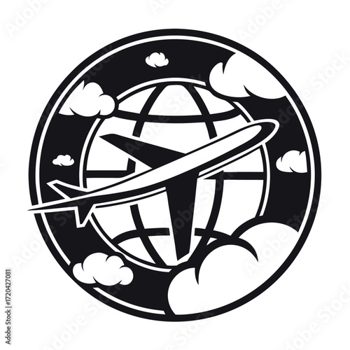 Monochromatic Emblem of Global Travel Featuring Airplane and Globe with Clouds Representing Adventure and Worldwide Destinations