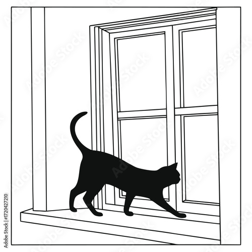 Cat stretching on windowsill silhouette