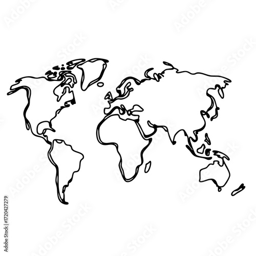 Abstract continuous black line drawing of world map on white background, minimalist design concept for global awareness and travel agencies.