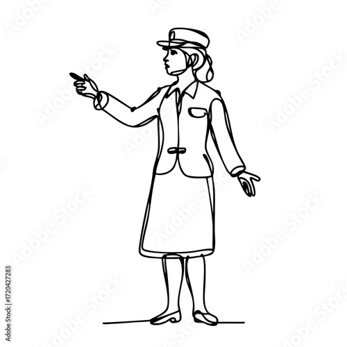 Continuous line art flight attendant demonstrating safety procedures with a plain white background, concept of travel and airline safety.