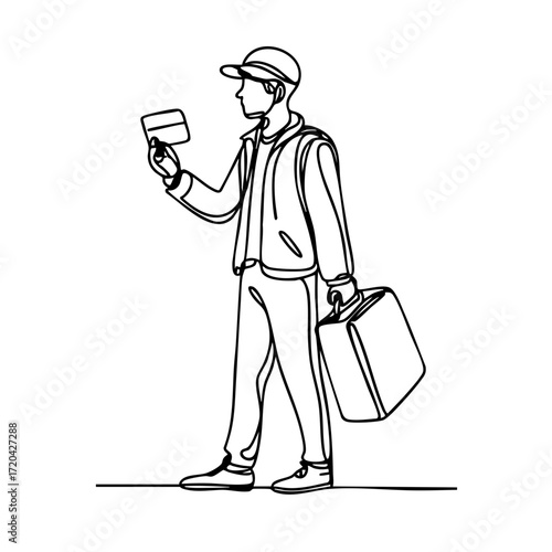 Traveler holding hotel keycard with suitcase, minimalist continuous line art, black on white background, concept of travel and accommodation services.