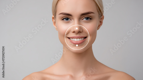 Close-up portrait of a smiling woman with highlighted facial features