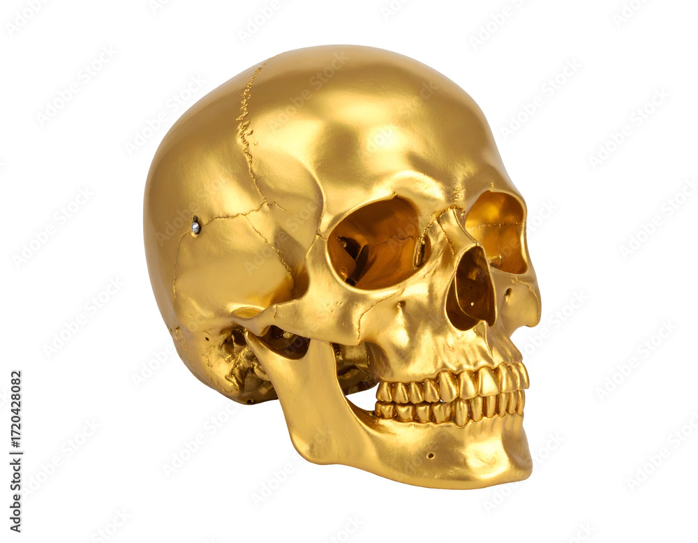 Obraz premium A stunning golden skull sculpture reflecting light, showcasing intricate details and a shiny finish.