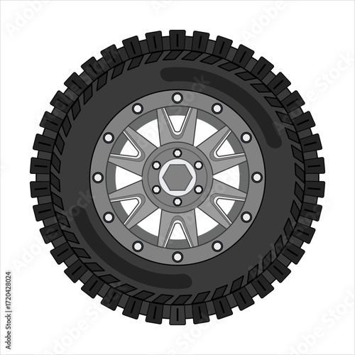 Stylized vector illustration of an offroad tire with detailed tread and silver rim. Isolated, perfect for automotive or adventure themes