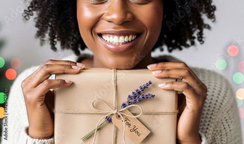 Joyful black woman holding gift with eco packaging